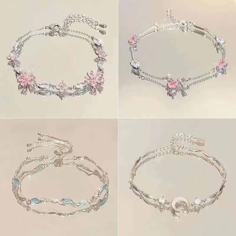Pink Zircon Cherry Blossom Bracelet for Women Ins Niche Accessible Luxury Elegant High-End Cool Feeling Bestie Bracelet