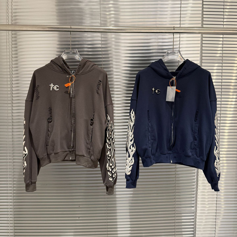 Thug Club 26Fw Distressed Flame Gothic Logo Embroidered Patchwork Zip-Up Hoodie Jacket Thug Club 26Fw Distressed Flame Gothic Logo Embroidered Patchwork Zip-Up Hoodie Jacket