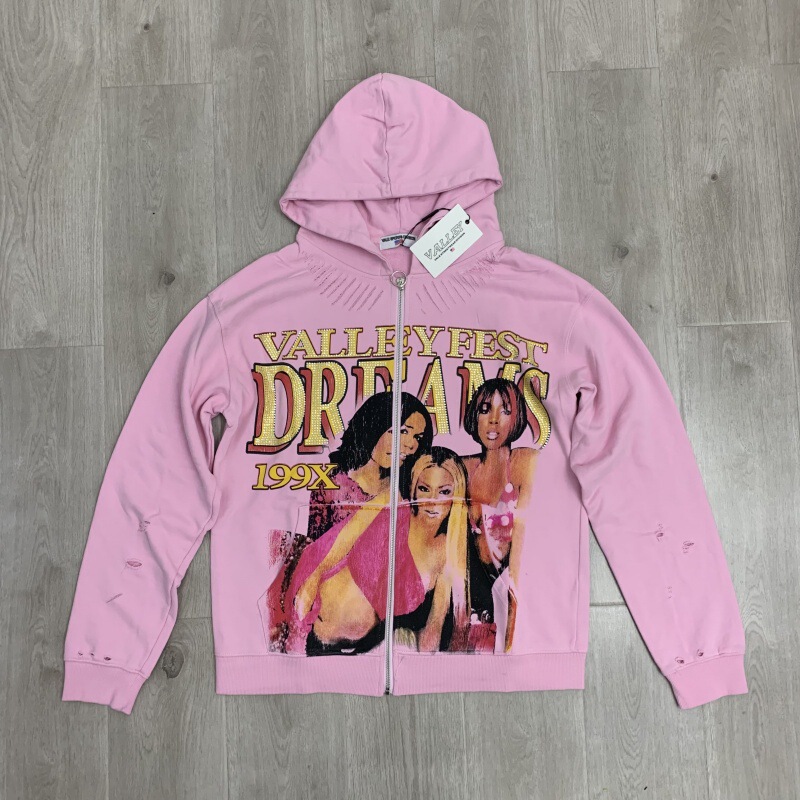 美式复古做旧连帽卫衣女ValleyFest Dreams印花宽松粉色拉链外套|undefined