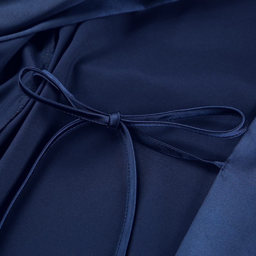 Autumn blue silk spliced feather cardigan with tie up nightgown, long sleeved women's home outfit_voghion.com
