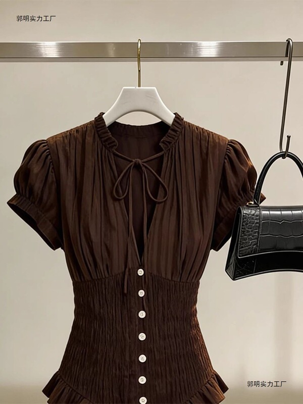 French-Style Niche Non-Contrasting Brown Pleated Shirt for Women, 2026 Spring/Summer New Luxury Fashion Versatile Slimming Top