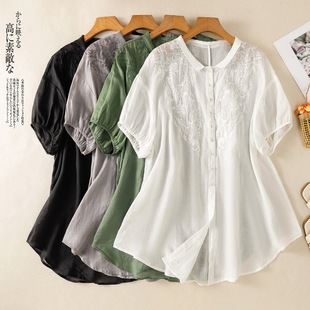 2025 New Summer Solid Color Retro Embroidered Shirt Women's Loose Mid-Length Outer Short-Sleeved Sun Protection Top Thin