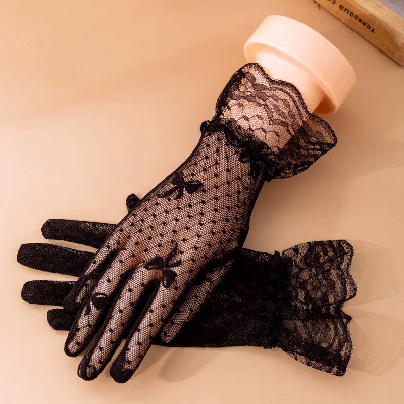 Summer Sun Protection Gloves for Women, Short Style, Thin Mesh, Sun Protection, Black, Sexy Lace Trim, Bowknot Gloves, Sexy