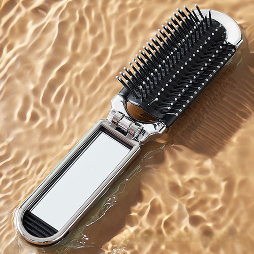 Light Luxury Milky Way Folding Comb with Electroplating Portable Hairstyle Comb for Women, Long Hair Cushion Comb with Small Mirror