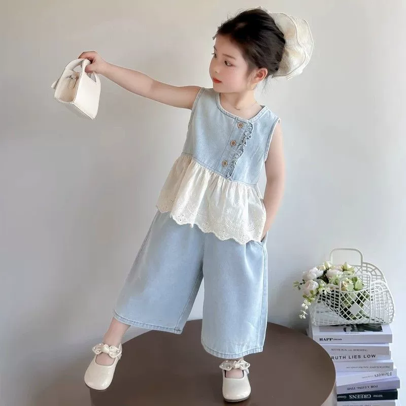 Summer set, denim vest sleevless, western style, Korean style