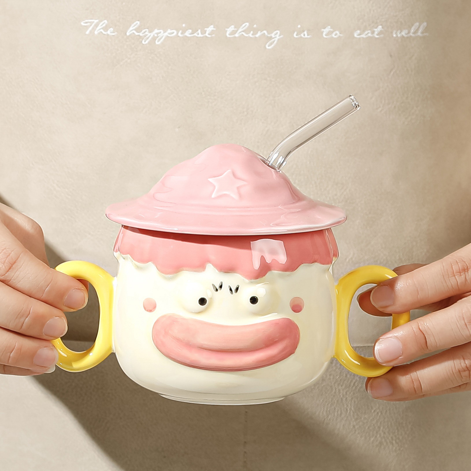 Creativo divertido lindo pato apestoso taza de agua de cerámica con tapa taza de paja de dibujos animados doble ASA taza personalizada con regalo de la mano taza