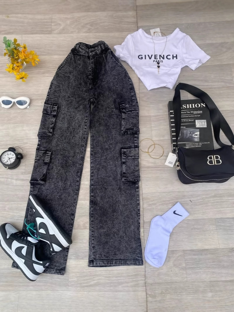 Pantalones de mezclilla para mujer, monos, pantalones de sheins de pierna ancha con bolsillos múltiples, pantalones Cargo pants wholesale