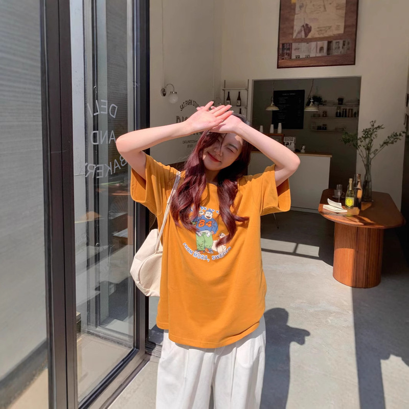 Hong Kong Style Retro Chic Short-Sleeved T-Shirt Women's Summer New Korean Style Ginger Yellow Loose Half-Sleeved Right Shoulder Top Ins Trend