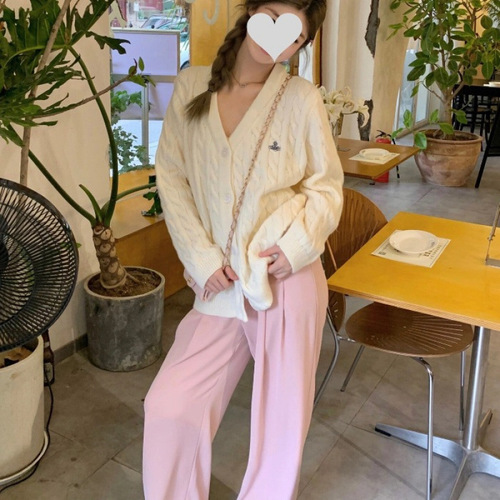 YUNSHU灰柏林 V领毛衣针织开衫女秋冬慵懒风宽松复古麻花毛衣外套