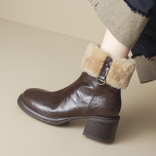 头层羊皮毛毛切尔西靴2025冬粗跟高跟圆头铆钉真皮保暖加绒短靴女