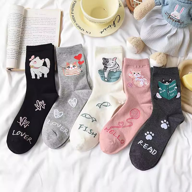 Women's Summer Thin Cute Versatile Cat Mid-Tube Socks Ins Sports Breathable Fashion Slouch Socks Zhuji Cotton Socks