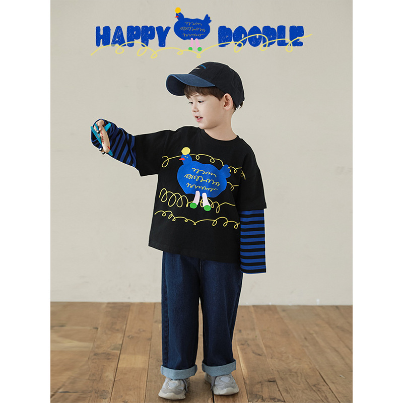 Wulibu Boys' 2026 New Long-Sleeve Round-Neck Graffiti Fake Two-Piece Sweatshirt Spring and Autumn Trendy Brand Loose Top Fashion