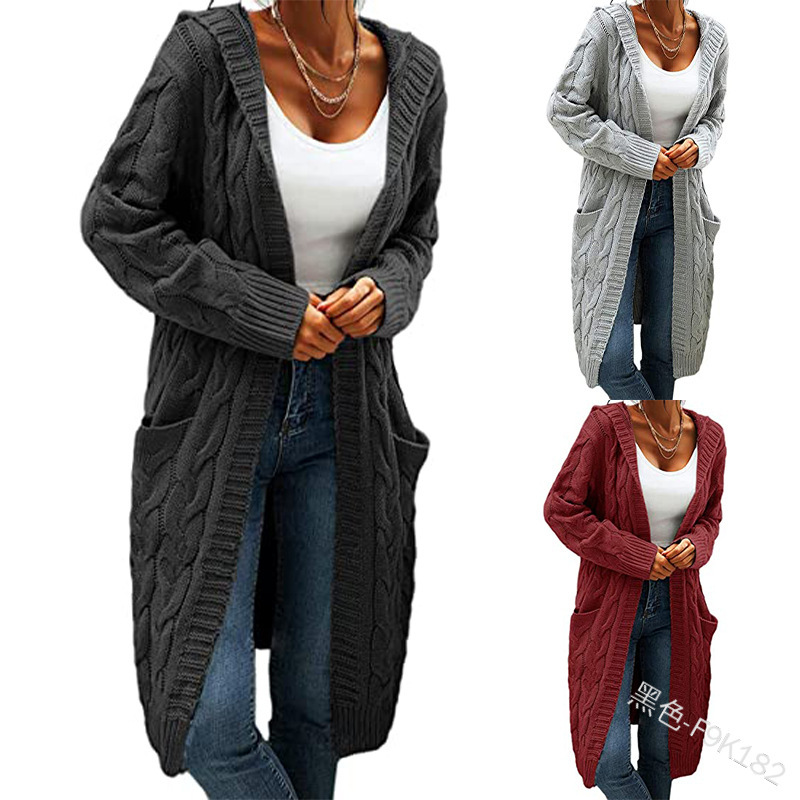 Cross-border Export European and American 2023 Amazon Pure Color Hooded Twist Knitwear Mid-length Women's Cardigan Jacket Cross-border Export European and American 2023 Amazon Pure Color Hooded Twist Knitwear Mid-length Women's Cardigan Jacket