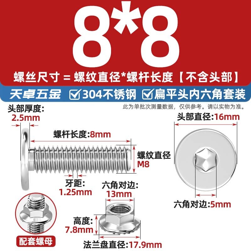304不锈钢CM大平头超薄头C头扁平头内六角螺丝钉法兰边螺母套装M5|undefined