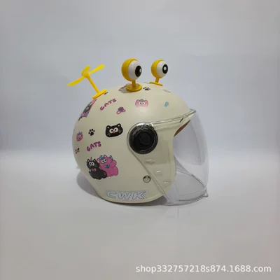 Motosiklet kaskı (dəbilqə) New National Standard 3C Certified Electric Motorcycle - moon-white-black-pink-cat-transparent-long-mirror-yellow-eyes-yellow-windmill-3c-children-1-6-years-old-wl07