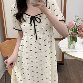 韩国ins女士夏季新品韩版甜美蝴蝶结双层家居服睡裙连衣裙可外穿