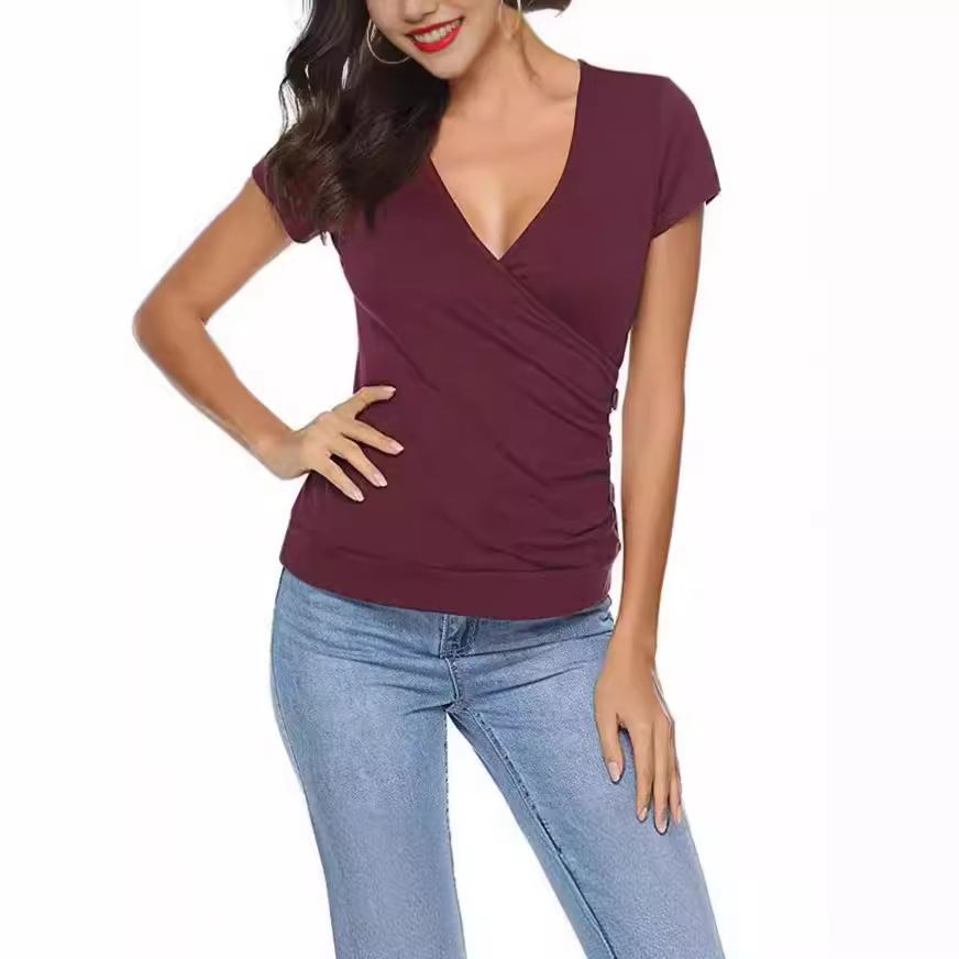's Selection Of Popular European American Solid Color Wrap-around Pullover Deep V-neck Short-sleeve Slim-fit_voghion.com