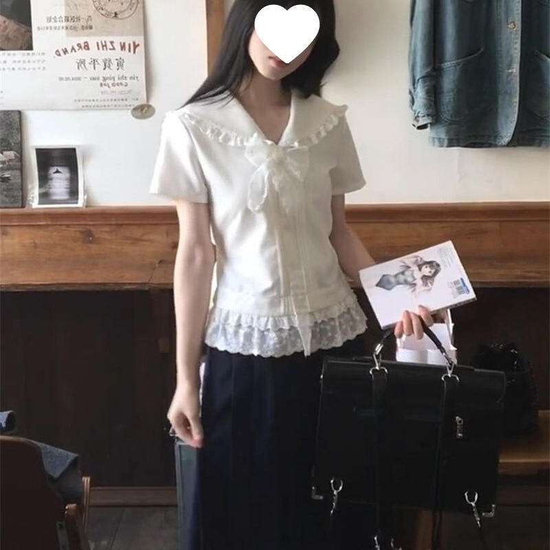 College-style white lace short-sleeved shirt for women, summer 2026 new Korean-style shirt with a unique design College-style white lace short-sleeved shirt for women, summer 2026 new Korean-style shirt with a unique design