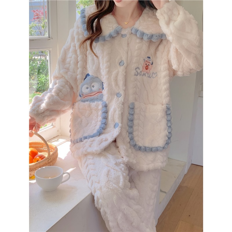 睡衣女秋冬季珊瑚绒加厚甜美可爱娃娃领开衫口袋家居服可外穿套装|undefined