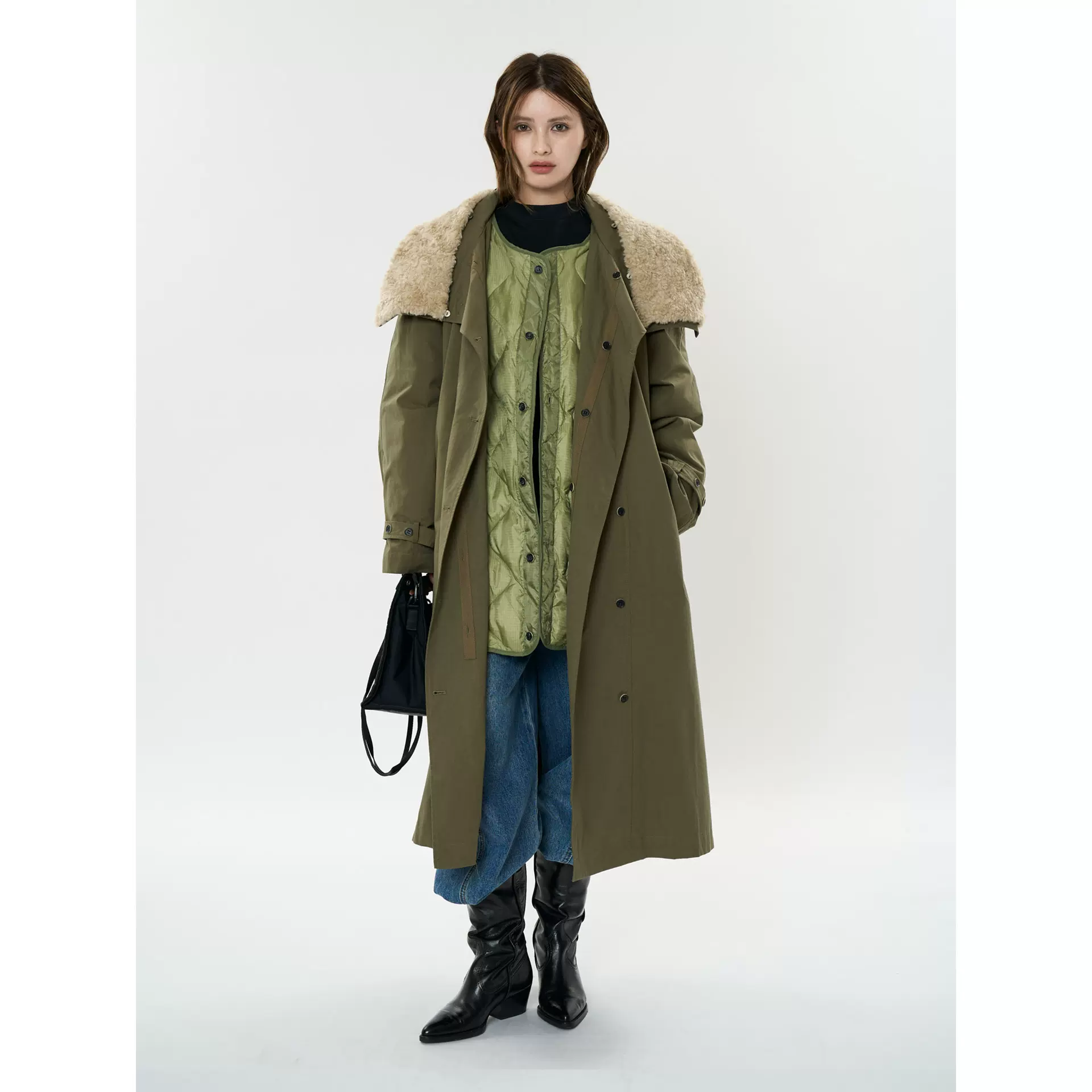 卢浮冬季新款日系休闲可拆卸长款风衣羽绒服两件套舒适保暖外套女