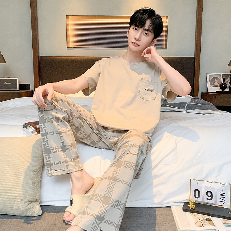 2025新型パジャマ男性夏純綿半袖長ズボンの薄いタイプのカジュアルな家庭服綿セット|undefined