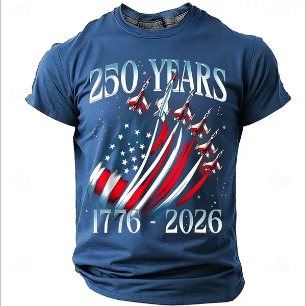 2026 Cross-Border Amazon Independent Site New European and American Summer Men's Round-Neck American Flag Anniversary Print T-Shirt