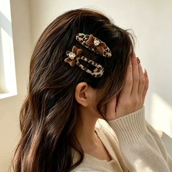 Korean-style leopard print bow hair clip, elegant and sparkling with rhinestones, perfect for side-swept bangs, a versatile and high-end hair accessory