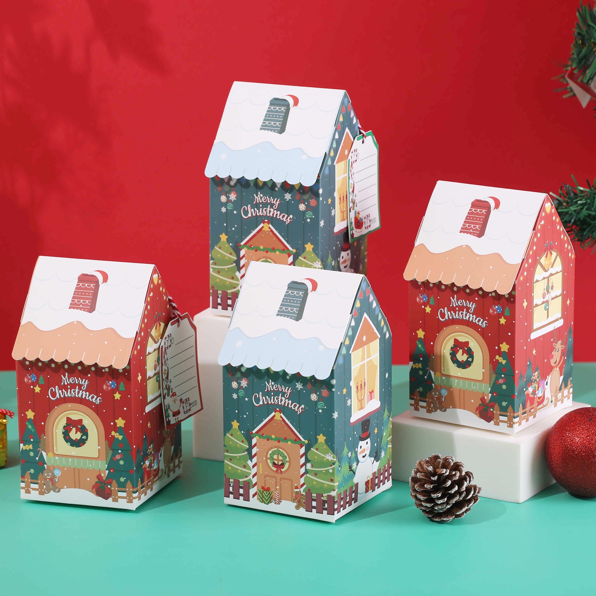 Description Picture 5 of item10PCS Colorful Cross-border Christmas Snowman Gingerbread House Little House Candy Cookie Box Bow Packaging Box Kids Gift Box
