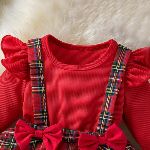 Newborn Baby Christmas Clothes, Infant Bodysuit with Padded Bottom, Long Sleeve Two-Piece with Bowknot, Plaid Dress