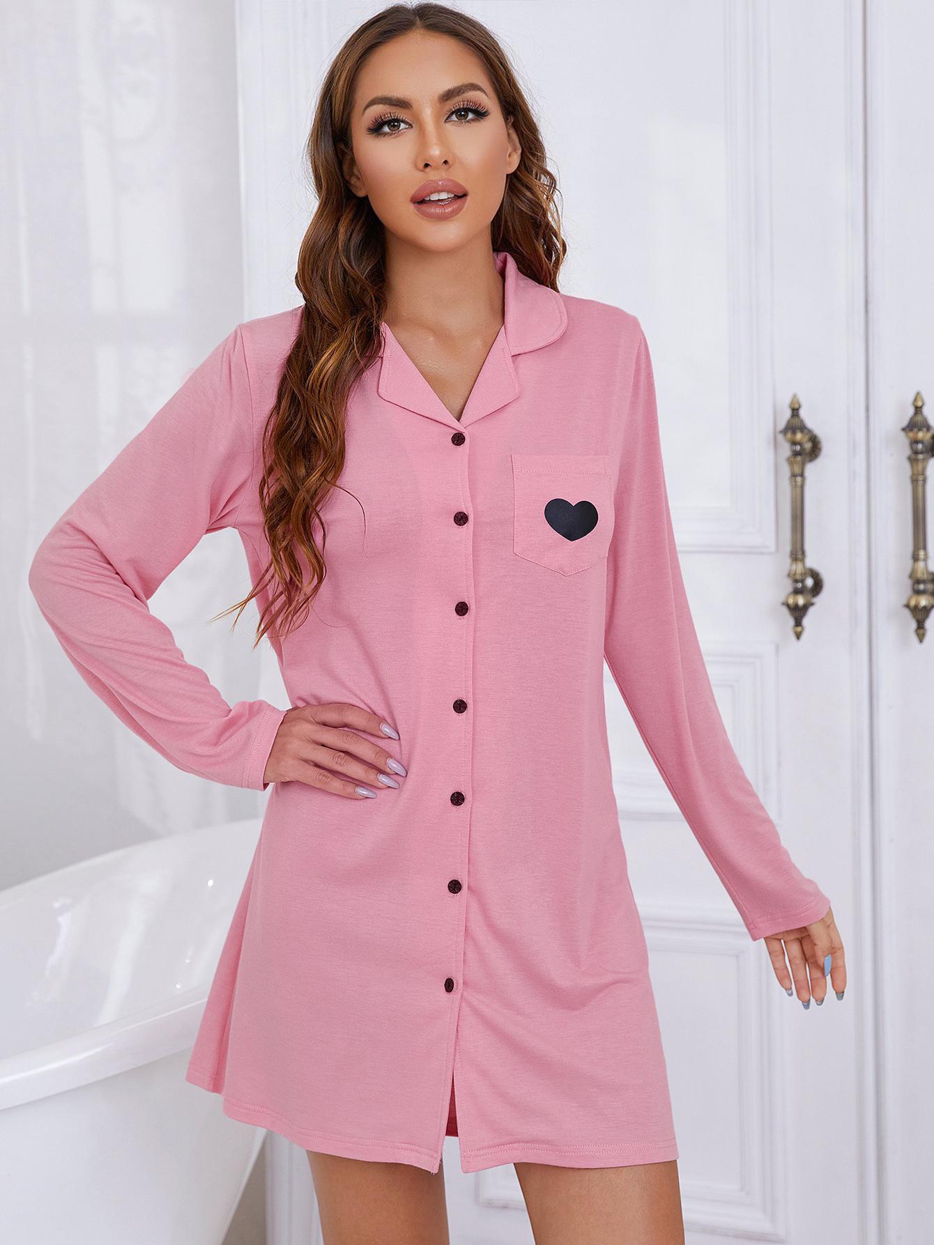 buttons heart-shaped print long-sleeved loose nightdress-Can be worn outside NSWFC130563