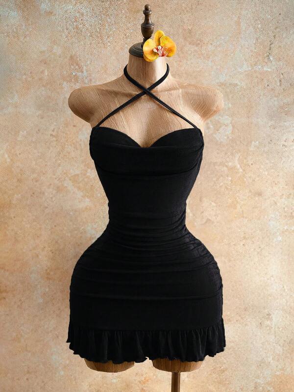 Sensual Bodycon Mini Dress With Ruffle Trim, Backless Halter Neck, And Waist-Gathering Pleats For A Flattering Fit_ecoleips.com