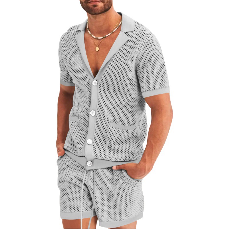 Traje de verano de ropa de hombre transfronterizo de Amazon de malla europea y americana de punto casual camiseta de solapa pantalones cortos de manga corta ropa de hombre