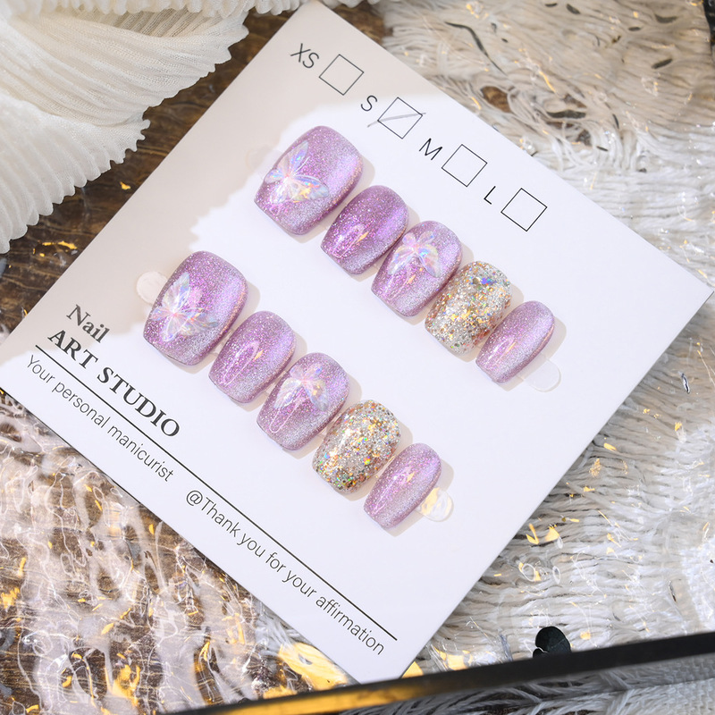 【Ice Crystal Hard Candy】Butterfly Cat Eye Glitter Wearable Nails Pure Handmade Nail Art Stickers Short Style Whitening Effect Cross-Border Exclusive Supply