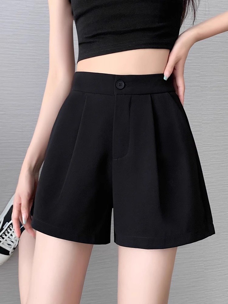 Quần short nữ cạp cao dáng chữ A ống rộng mùa hè — Màu đen (gửi thắt lưng xoắn khóa ngẫu nhiên)