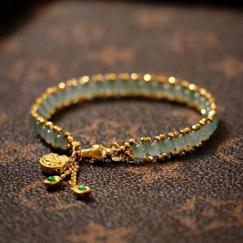 【Emerald Gold Elegance】New Chinese Style Round Bead Ruyi Ingot Bracelet, Exquisite High-Grade Imitation Jadeite Jewelry with National Style Charm
