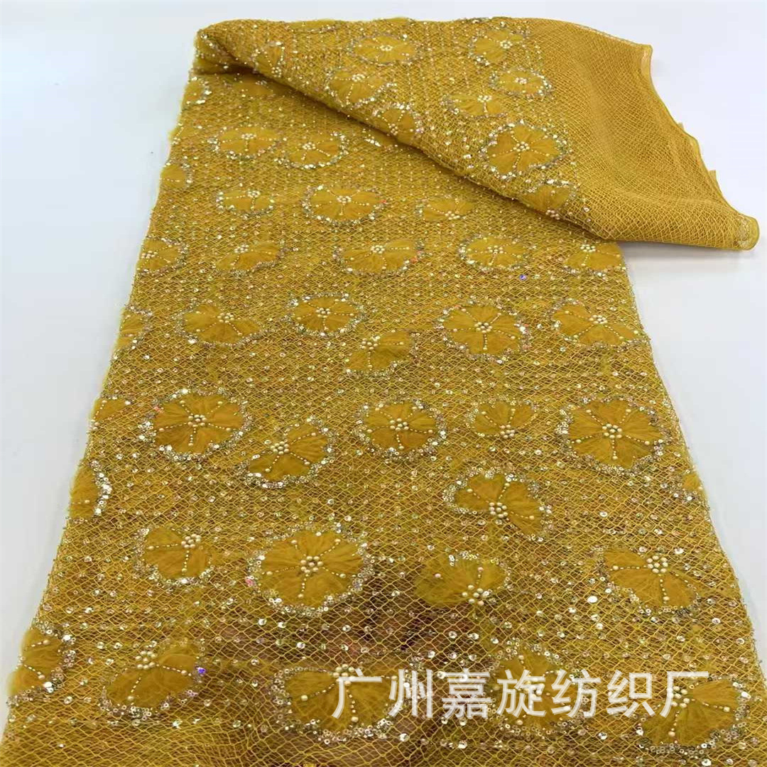 Europa y los Estados Unidos malla gruesa tela de encaje tridimensional tubo de perlas sequinado bordado vestido de encaje de boda tela de encaje