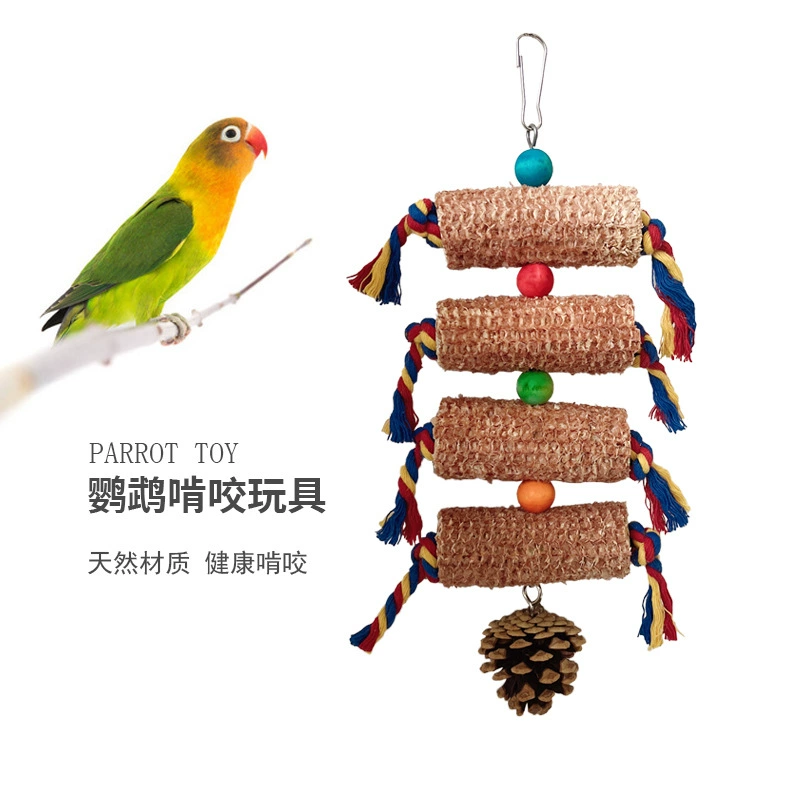 Попугай игрушка птица игрушка лазание повреждение разрыва веревка для укуса натуральный материал кукурузный початок цветная веревка сосновая шишка декоративная подвеска