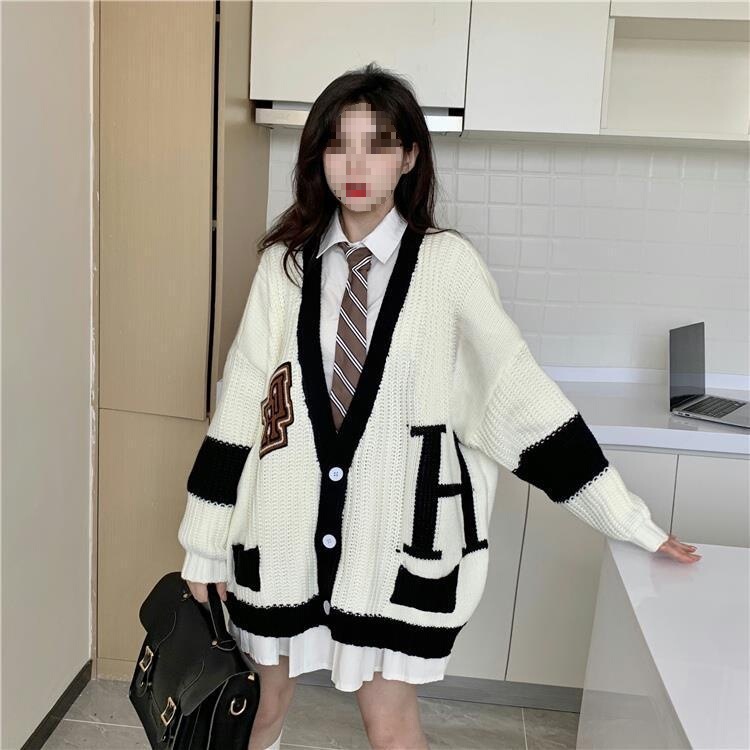 College Style Sweater Suit for Female Students in Autumn and Winter Retro Color Matching Korean Style Loose and Versatile Knitted Cardigan Jacket Trendy