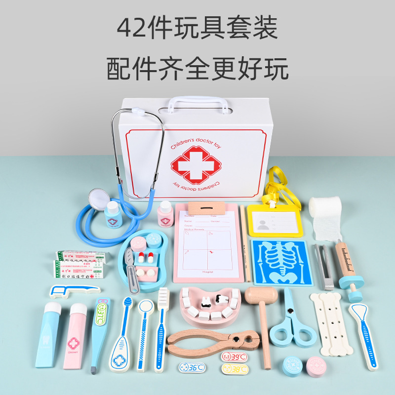 Caja de medicina de madera para niños, niños y niñas, juegos de casas, médicos, enfermeras, inyecciones, dentistas, juegos de juguetes