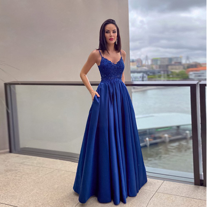 Comercio exterior europeo y americano Amazon AliExpress deseo nueva correa de encaje vestido de noche con cuello en V Vestido largo de satén