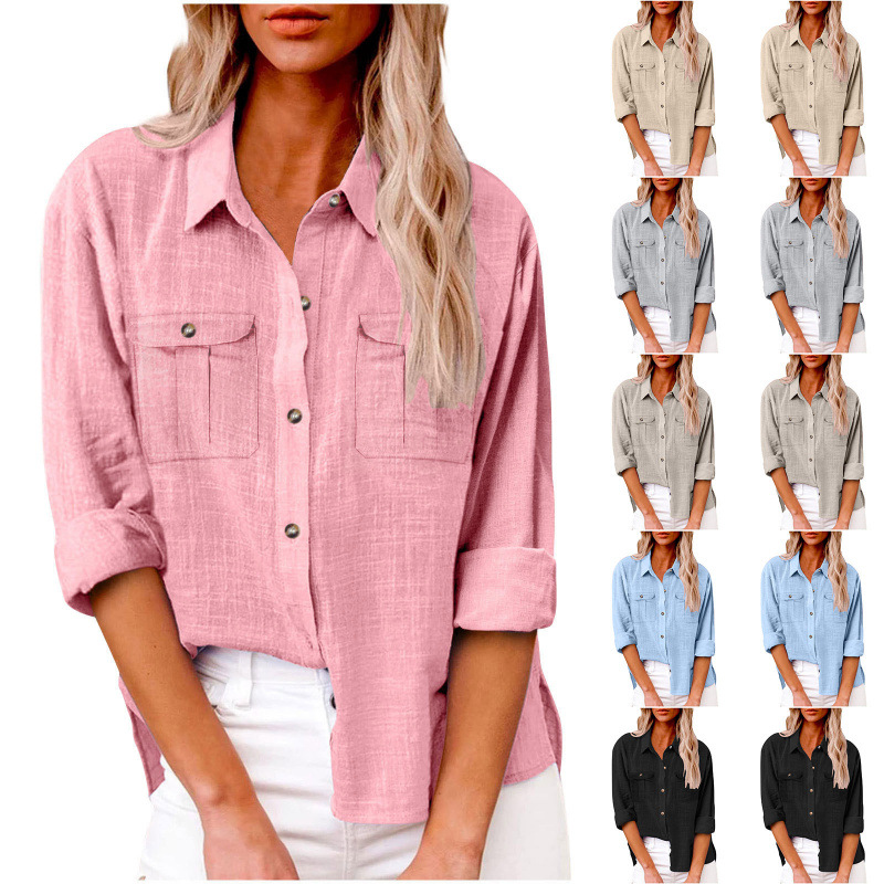 2025 Spring New European and American Style Loose Double-Pocket Long-Sleeve Cotton-Linen Shirt for Women with Turn-Down Collar, Casual Fashion Top