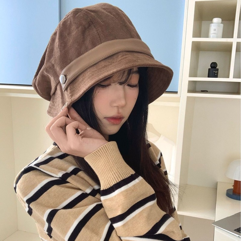 早秋复古棕色灯芯绒渔夫帽女百搭显脸小素颜遮脸盆帽美拉德风帽子|undefined