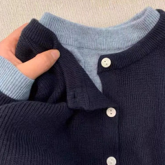 2025年新款高级感藏青色毛衣外套女秋冬慵懒宽松百搭假两件针织衫