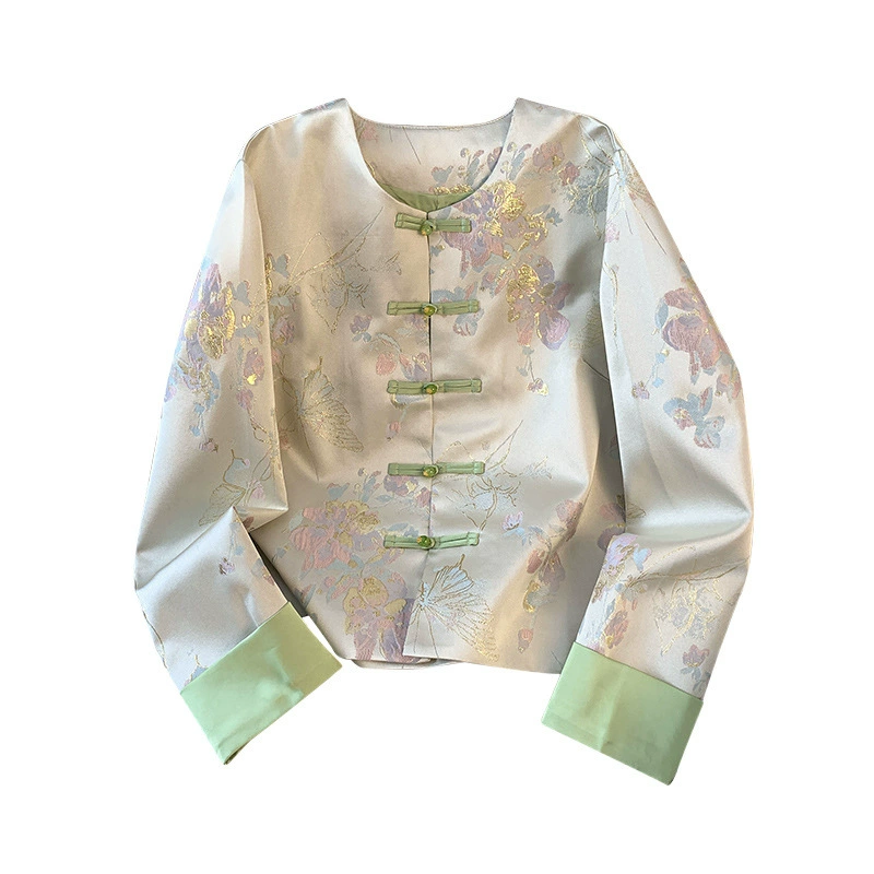 Autumn retro cardigan, jacket, Chinese style, with embroidery, round collar