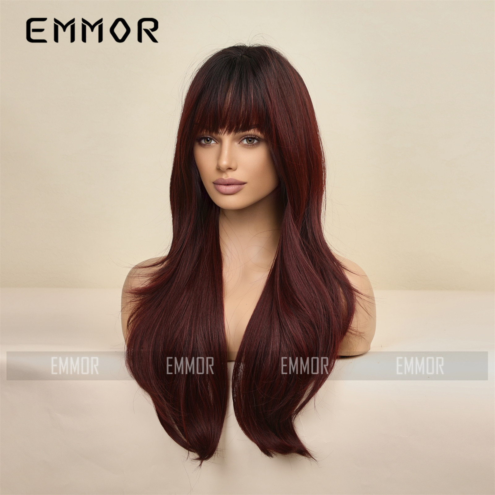 Amazon Comercio exterior transfronterizo estilo europeo y americano recto Bangs Pelo Largo gradiente vino rojo peluca cabeza cubierta fábrica ventas directas