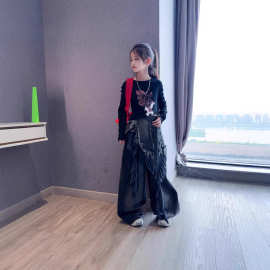 女童爵士街舞服装2026春季跳舞长袖嘻哈复古辣妹上衣废土风牛仔裤