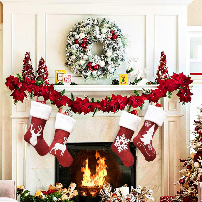 新しいクロスボーダークリスマス赤と白の靴下ヘラジカ刺繍クリスマス靴下クリスマスギフトクリスマスペンダント装飾スノーフレークスタイル|undefined
