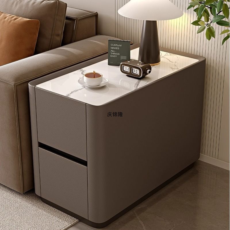 Modern Minimalist Sofa Side Cabinet, Light Luxury High-End Living Room Solid Wood Slate Leather Side Table Coffee Table Storage