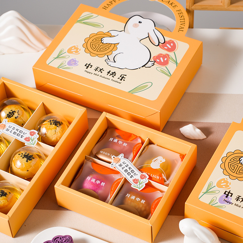 Happy Mid-Autumn Cute Conejo 4 / 6 Caja de regalo de pastel de luna de piel de hielo, caja de mayo portátil, caja vacía