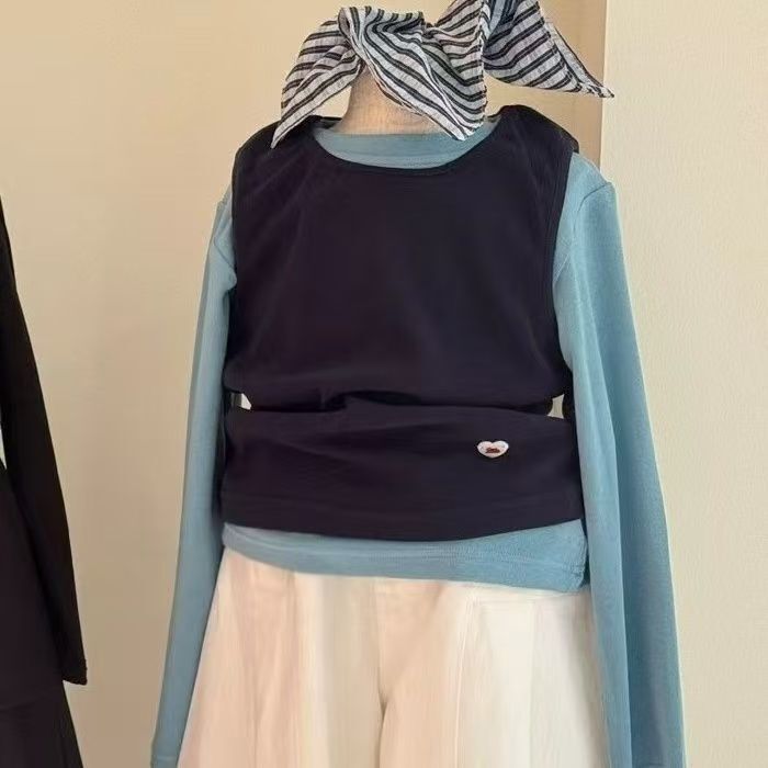 女童套装春秋款新款洋气时髦小女孩纯色背心长袖打底衫洋气套|undefined